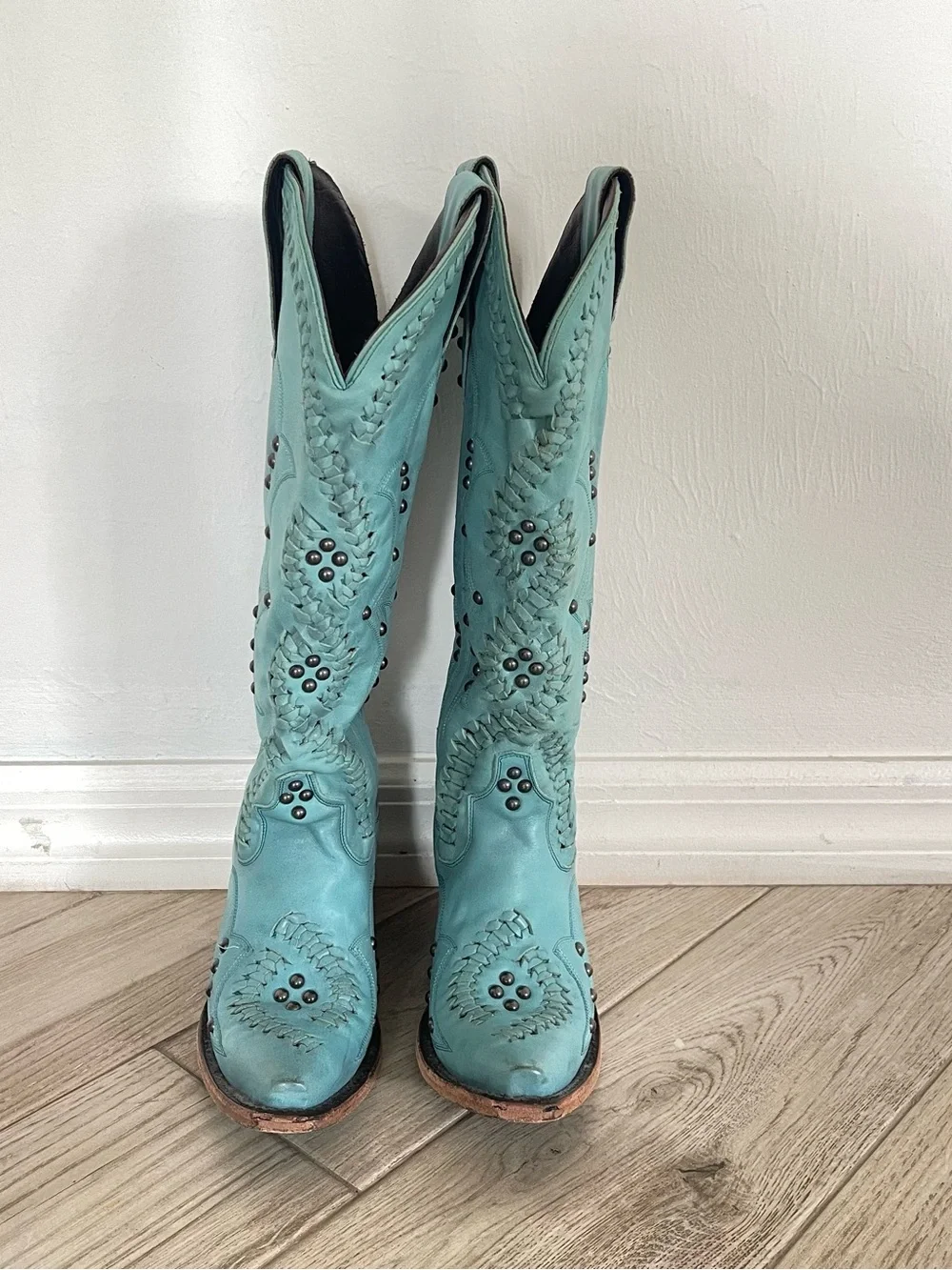 Lane Cossette Turquoise Tall Western Braided Studded Snip Toe Boots